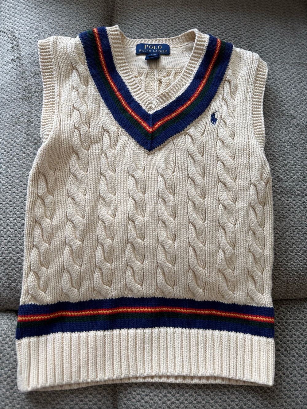 Polo by Ralph Lauren Cream Cable-Knit V‑Neck Sweater Vest with Navy & Red Trim